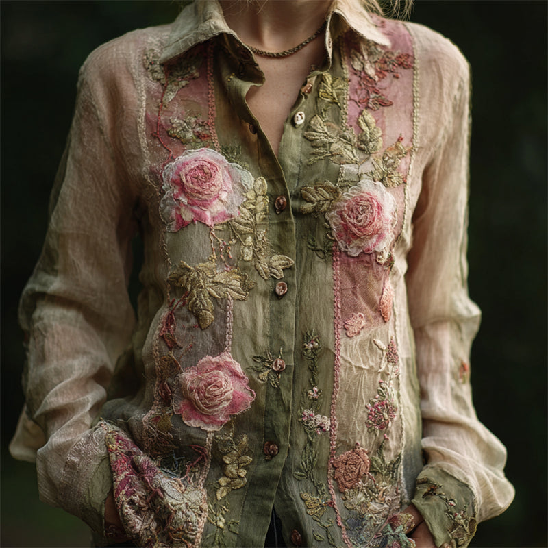 Vintage Pink Roses Embroidered Patchwork Flowy Linen Blouse artswardrobe