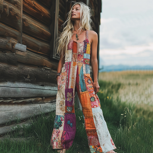 Women's Pink Floral Patchwork Linen Print Cotton Linen Jumpsuit elevenforest