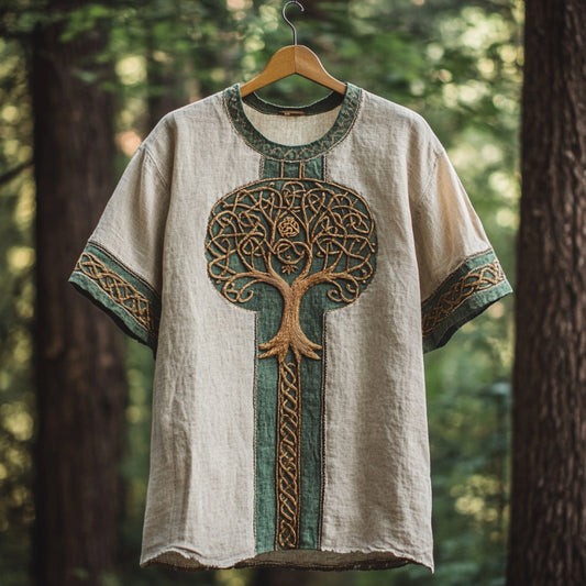 Men's Viking Tribal Tree Of Life With Celtic Art Linen T-shirt elevenforest