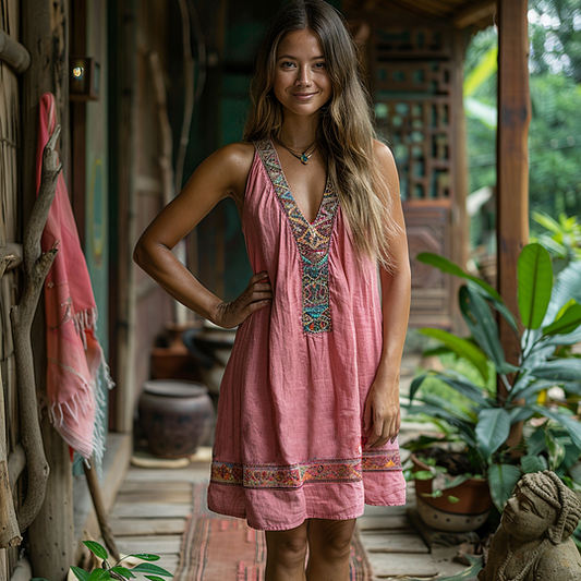Retro Boho Tribal Art Embroidery Print Cotton And Linen V-neck Sleeveless Midi Dress elevenforest