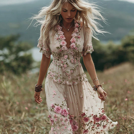 Women's Vintage Pink Rose Floral Embroidery Art Comfy Linen Maxi Dress elevenforest