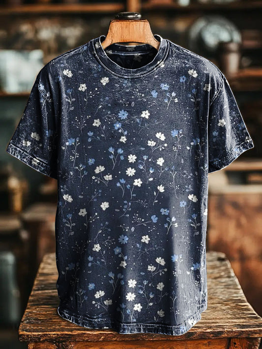 Blue flowers Pattern Vintage Art Print Casual T-shirt For Men And Wome