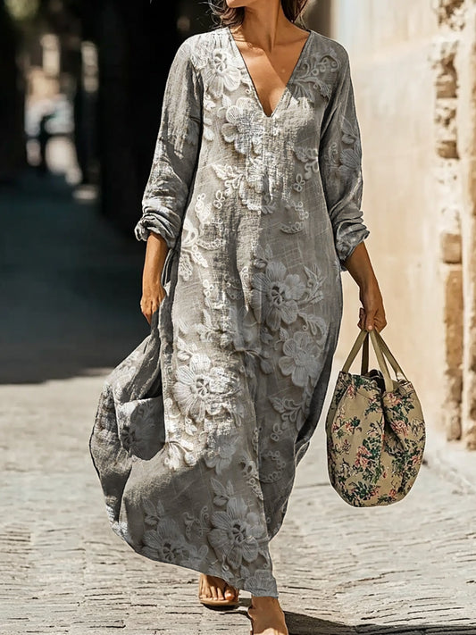 Women's Vintage Floral Texture Art Print Pocket Cotton Dress