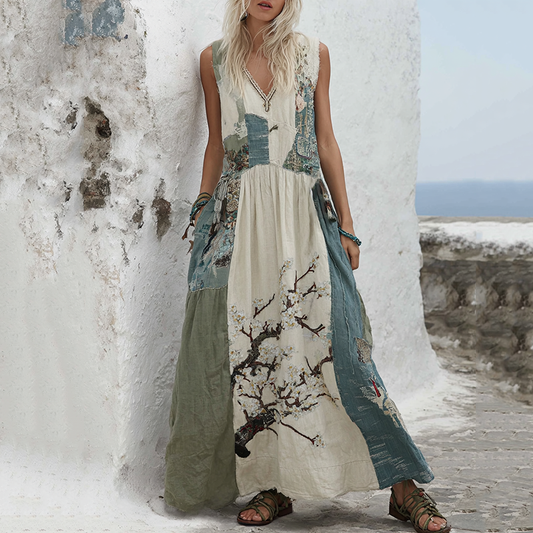 Vintage Cherry Blossoms Splicing  Art Linen V Neck Long Dress elevenforest