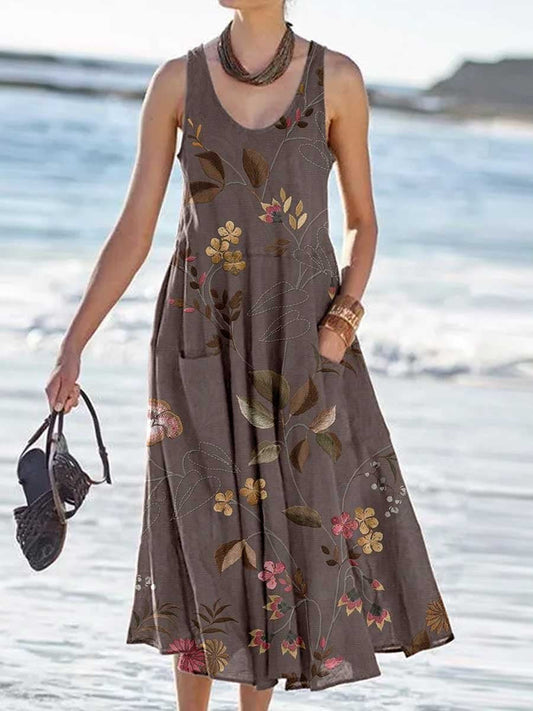 Women's Retro Floral Pattern Tank Top Dress with Pockets