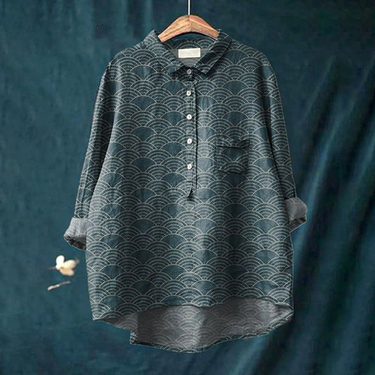 Comstylish Japanese Geometric Pattern Printed Women's Casual Cotton And Linen Shirt