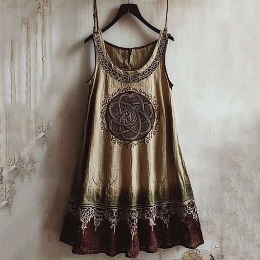 Vintage Viking Totem Color Block Linen Tank Dress elevenforest