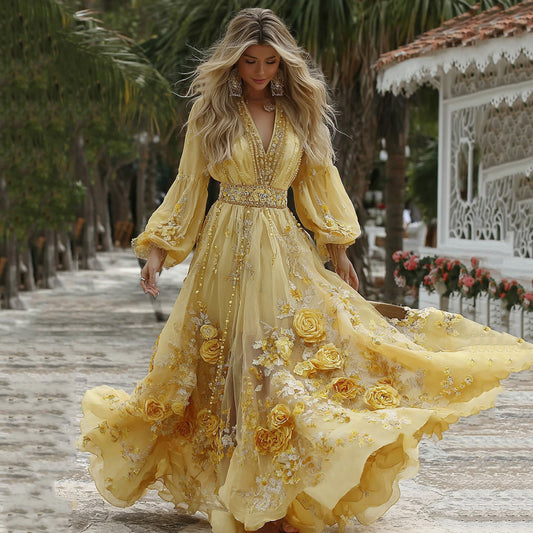 Women's Classic Yellow Roses And Floral Art Print V-neck Long Sleeve Maxi Dress elevenforest