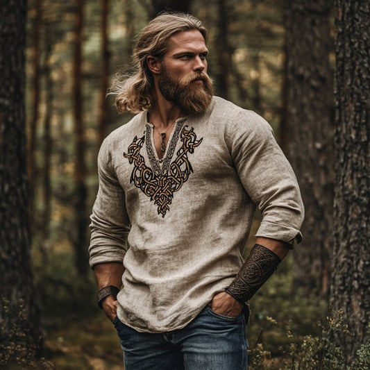 Vintage Viking Runes Celtic Mythology Linen Blend Loose V-neck Shirt elevenforest