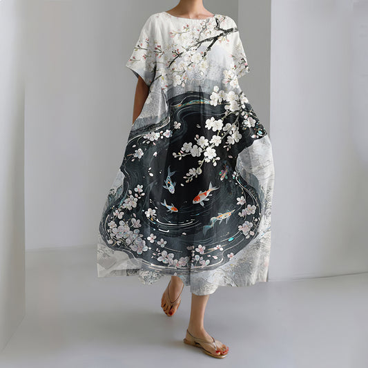 Comstylish Women's Japanese Art Floral Print Midi Dress