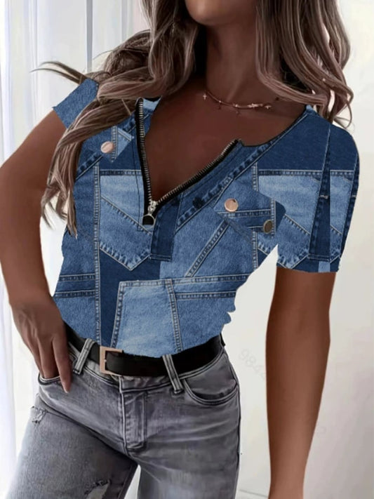 Women's Fashion Temperament Imitation Denim V-neck Short Sleeve T-shirt 