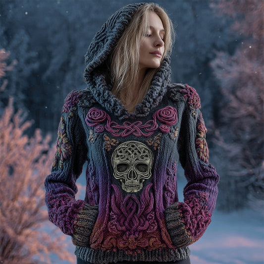 Comstylish Vintage Purple Roses Viking Celtic Skull Hooded Cozy Knit Sweater