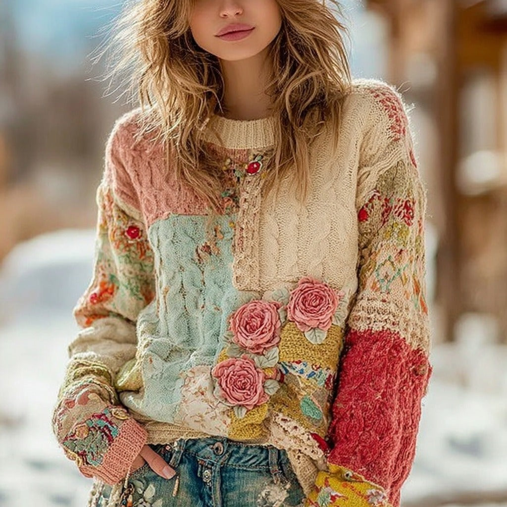 Women's Vintage Chunky Needle Rose Floral Stitching Warm Crew Neck Sweater elevenforest