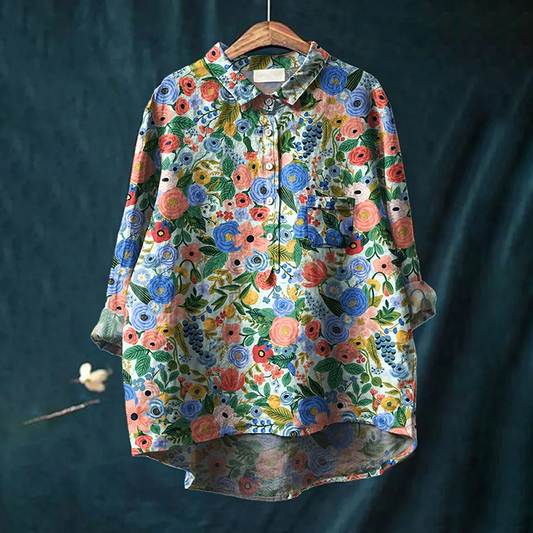 Comstylish Women's Floral Art Print Casual Cotton And Linen Shirt