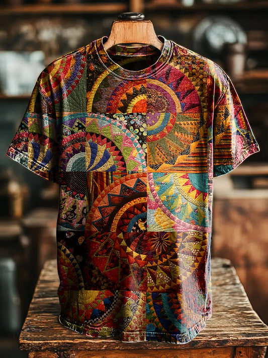 Ethnic Geometry Patchwork Vintage Art Print Casual T-shirt For Men And