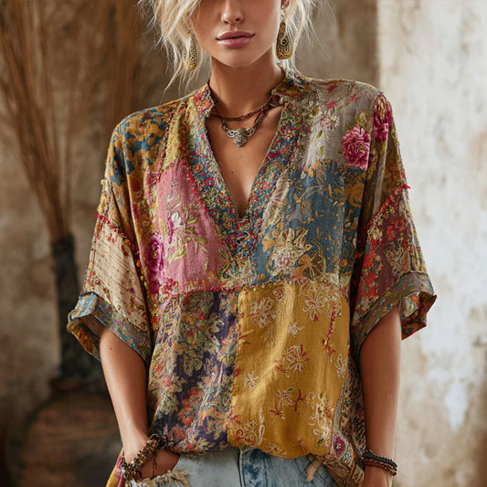 Bohemian Floral Pattern Embroidery Vintage Patchwork V-neck Short-sleeved Shirt elevenforest