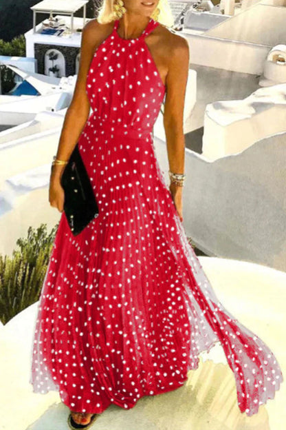 KS | Bohemian print patchwork halterneck pleated dresses