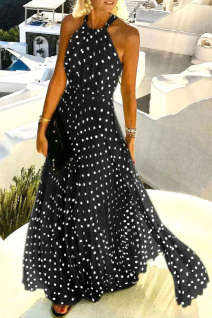 KS | Bohemian print patchwork halterneck pleated dresses