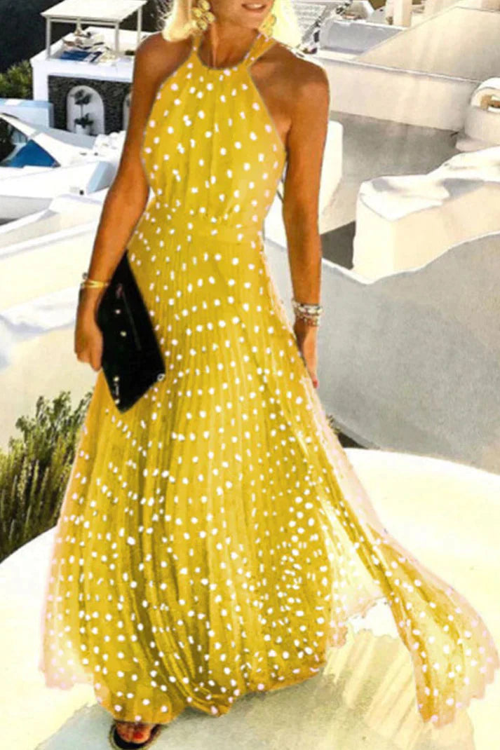 KS | Bohemian print patchwork halterneck pleated dresses