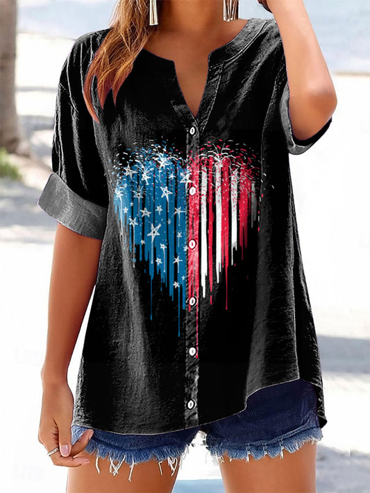 Women's Vintage Flag Love Art Print Casual Cotton And Linen Shirt