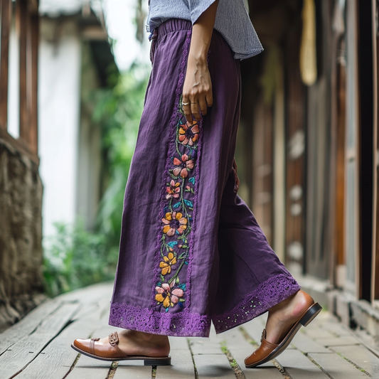 Retro Boho Floral Embroidery Lace Art Cotton Linen Wide Leg Pants elevenforest