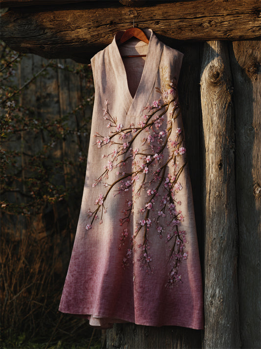 Japanese Cherry Blossom Embroidered Gradient Linen Dress elevenforest