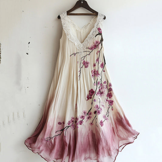 Vintage Cherry Blossom Floral Lace Gradient Art Comfy Tank Dress elevenforest