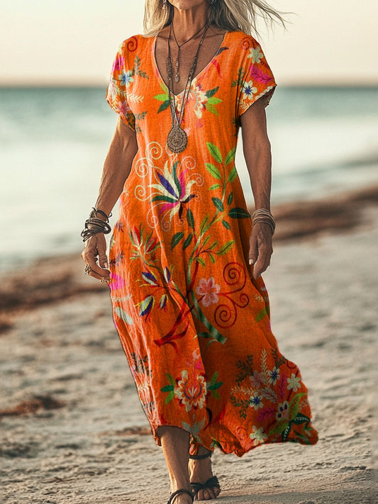 Women's Ethnic Floral Art Print Sleeveless V-Neck Pocket Cotton Dress
