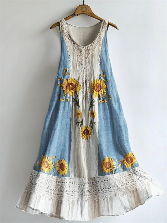 Boho Sunflowers Embroidered Lace Patchwork Flowy Linen Dress elevenforest