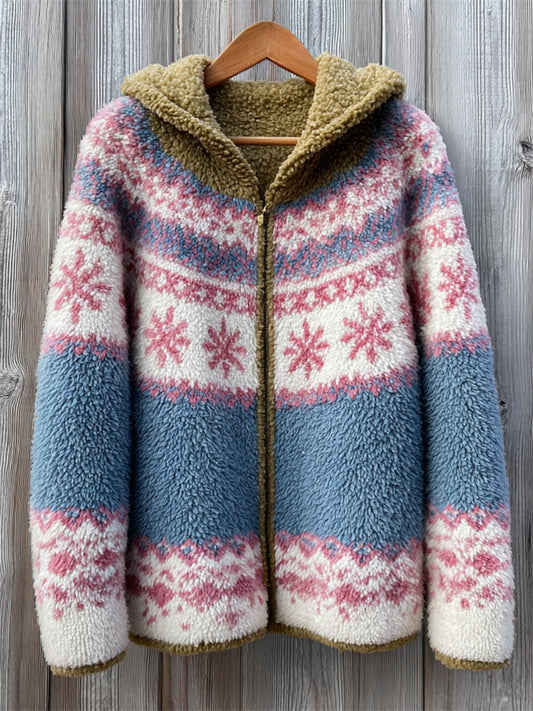 Vintage Snowflakes Fair Isle Cozy Hooded Fleece Jacket