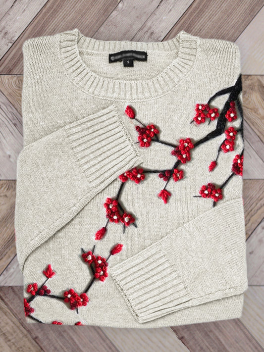 Classy Plum Blossom 3d Embroidered Cozy Sweater elevenforest
