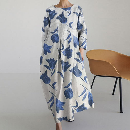 Vintage Floral Print Long Sleeve Loose Dress elevenforest