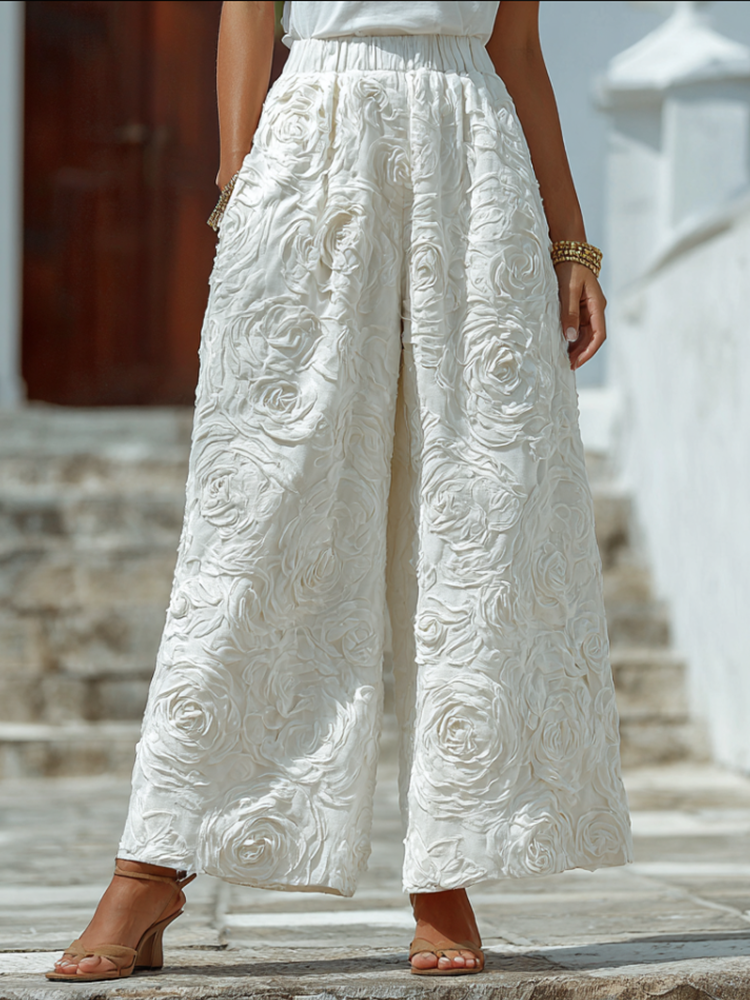 Bohemian Style Three-dimensional Rose Embroidery Pattern Women's Cotton And Linen Loose Wide-leg Long Pants elevenforest