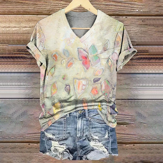 Women's Colorful Botanical Butterfly Art Print V-Neck Casual T-Shirt