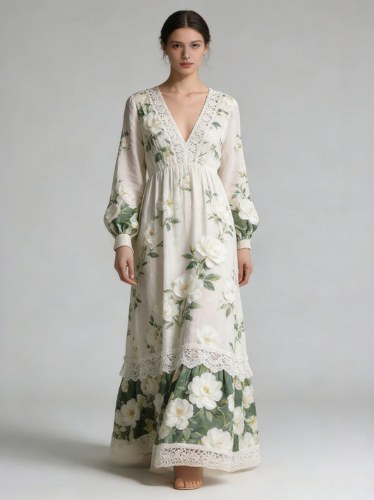 Vintage Boho Print V Neck Long Sleeve Flowy Maxi Dress