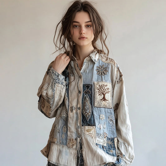 Vintage Floral Patch Art Cotton Linen Comfy Shirt elevenforest