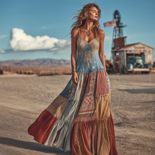 Western Dreamcatcher Embroidered Vintage Patchwork Linen Cami Maxi Dress elevenforest