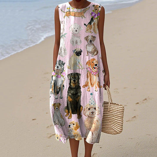 Women's Vintage Dogs Art Print Sleeveless Dress elevenforest