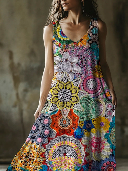 Colorful Lace Floral Art Women's Linen Vest Dress elevenforest