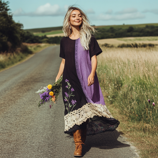 Spring Girl Green Pastoral Style Retro Lavender Embroidery Pattern Art Linen Tank Dress elevenforest