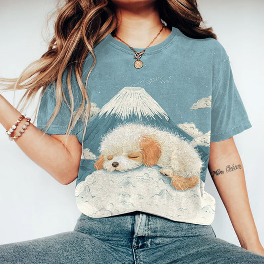 Women's Cute Dog Sleep Print Short Sleeve T-Shirt elevenforest