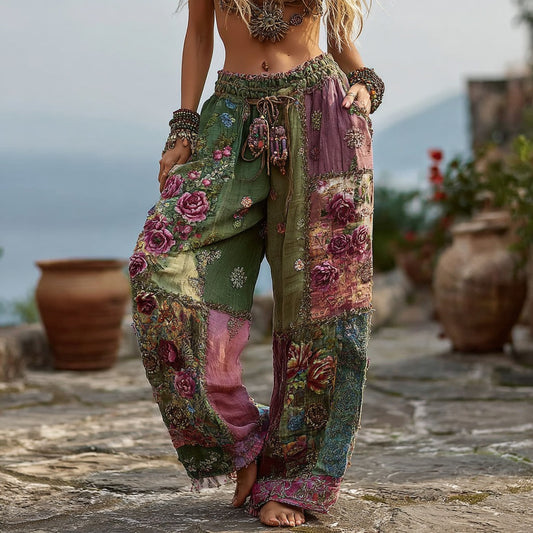 Women's Vintage Floral Pattern Casual Linen Pants elevenforest