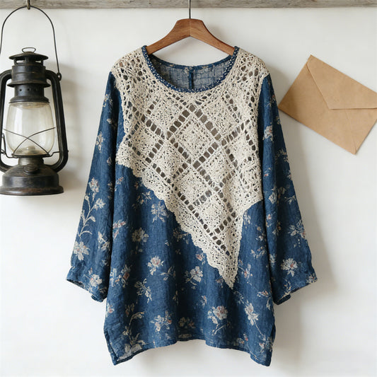 Vintage Lace Patchwork Floral Linen Women's Long Sleeve Shirt elevenforest