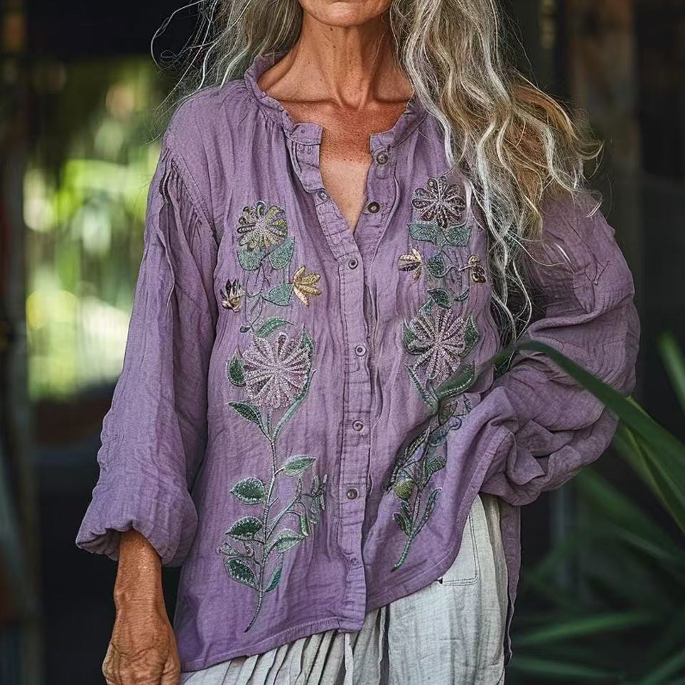 Vintage Bohemian Style Linen Floral Art Print  Long Sleeve Shirt elevenforest