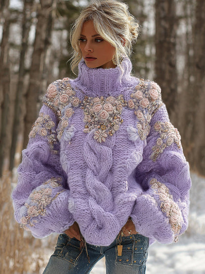 Women's Vintage Embroidery Rose Art Knit Cozy High Neck Sweater artswardrobe