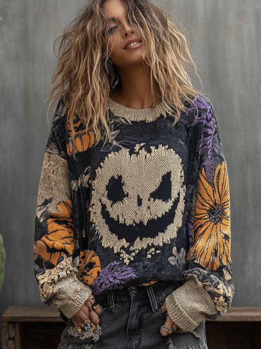 Comstylish Halloween Pumpkin Face And Plant Flower Pattern Design Women's Round Neck Knit Sweater