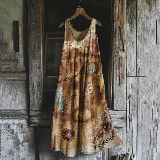 Women's Vintage Rust Dyed Embroidered Art Linen Blend Tank Dress elevenforest