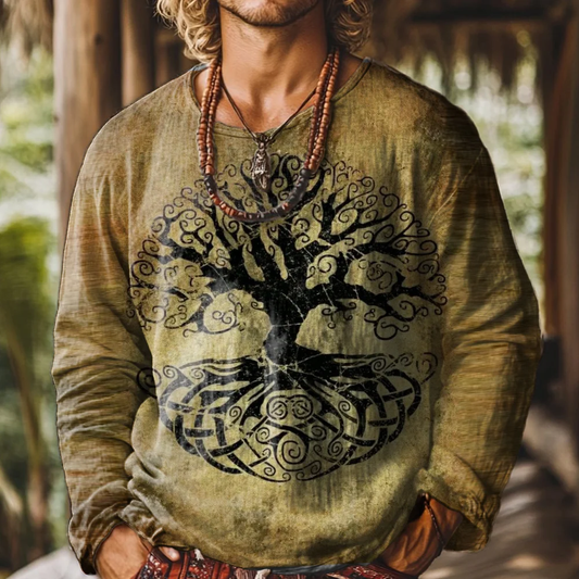 Men's Tree Of Life Gradient Art Painting Round Neck Long Sleeve Linen T-shirt elevenforest
