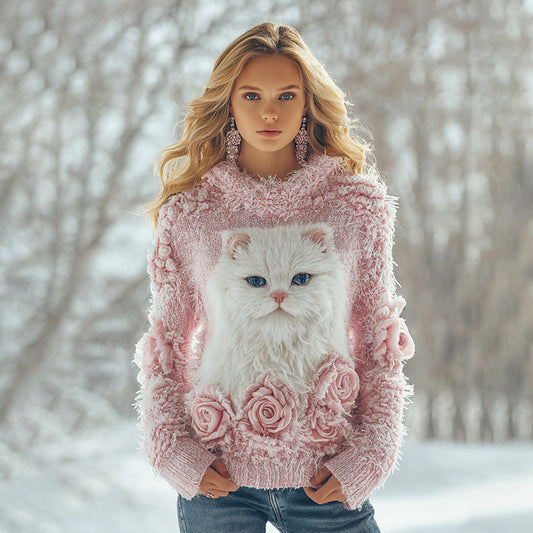Women's Cute Cat Art Knitted Warm Hooded Sweater