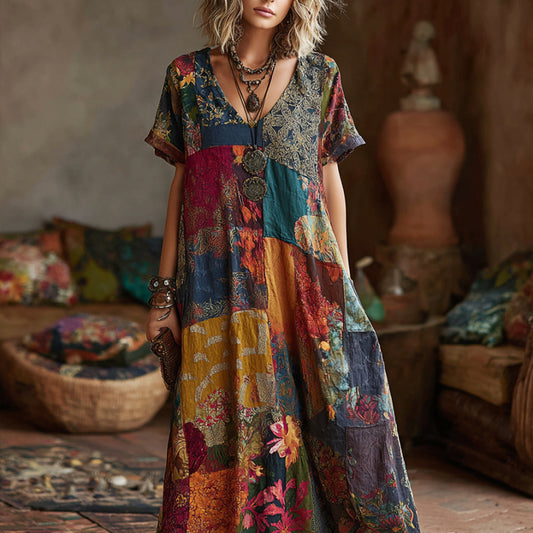 Comstylish Stereoscopic Embroidery Stitching Fabric Flower Vintage Tie-dye V-neck Short-sleeved Long Dress